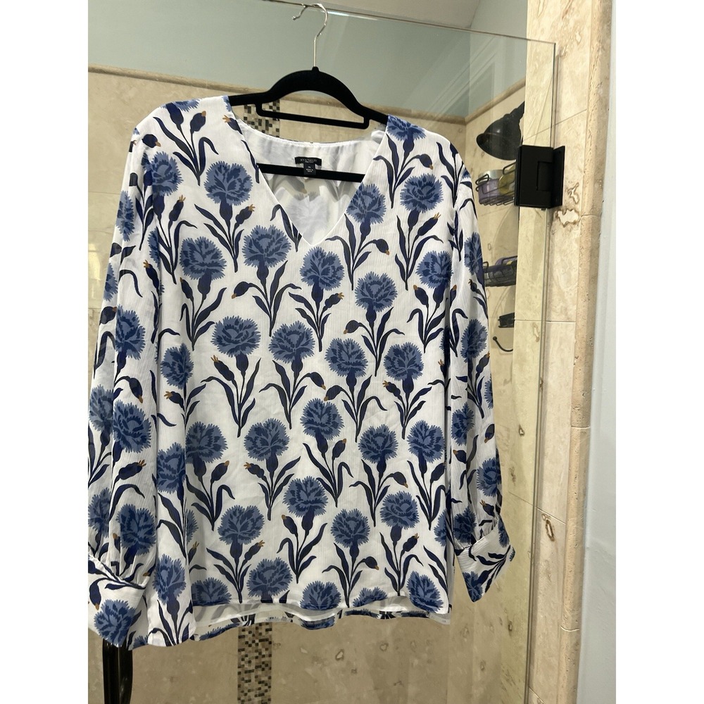 ANN TAYLOR Blouse Womens XL Top Long Sleeve Extra Large Blue White